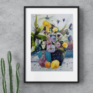 Blumen Stillleben blau gelb